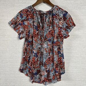 ht Boho Floral Blouse M Tie Neck Flowy Peasant Top Multicolor Work Office Resort